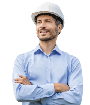 Ingeniero de brazos cruzados mirando al horizonte